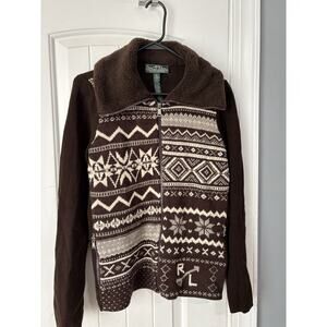 RALPH LAUREN ACTIVE sweater,cardigan sz M ,brown NORDIC LOGO WOOL BLEND Y